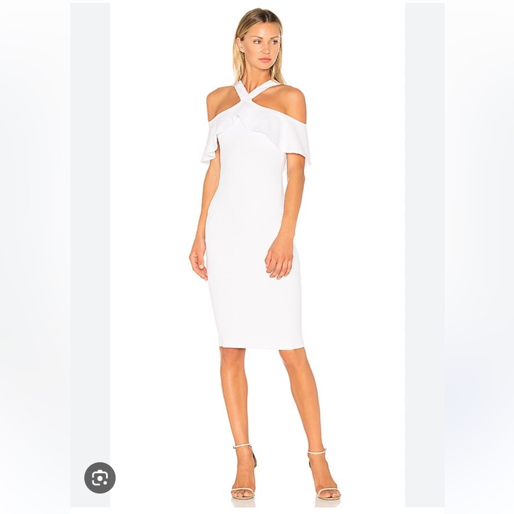 Nookie Hermosa White Halter Off Shoulder Ruffle Midi Bodycon Cocktail Dress S